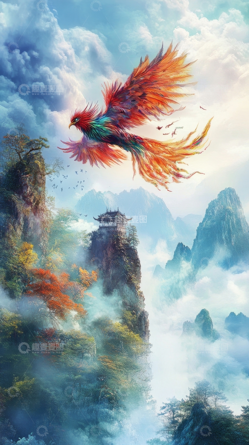 高清大图下载【趣麦麦图】凤凰翱翔于云雾缭绕的山巅