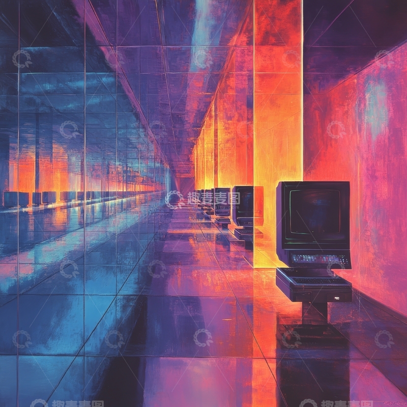 高清大图下载【趣麦麦图】霓虹走廊中的复古电视