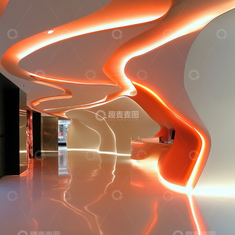 高清大图下载【趣麦麦图】现代艺术走廊，橙色曲线灯光设计