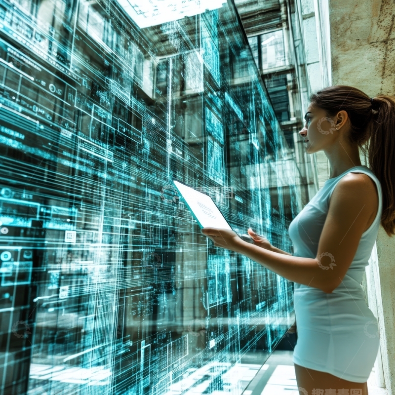 高清大图下载【趣麦麦图】女子手持平板，沉浸于虚拟数据空间