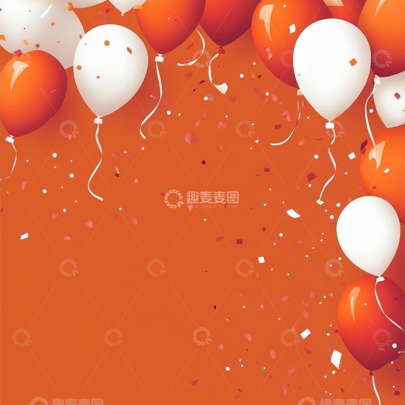 高清大图下载【趣麦麦图】橙色背景上的红白气球和彩带