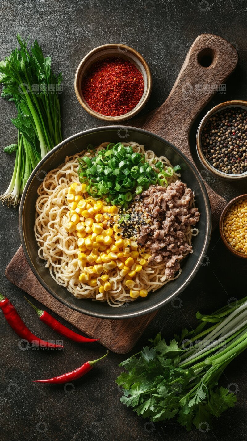高清大图下载【趣麦麦图】美味面条配玉米牛肉和香菜