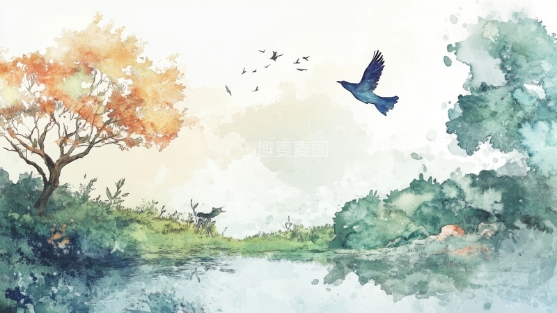 高清大图下载【趣麦麦图】水彩画中的秋日湖畔