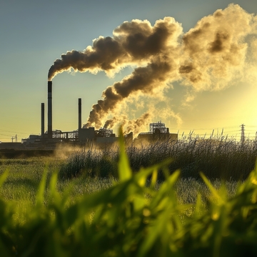 工业烟囱排放烟雾，田野前景