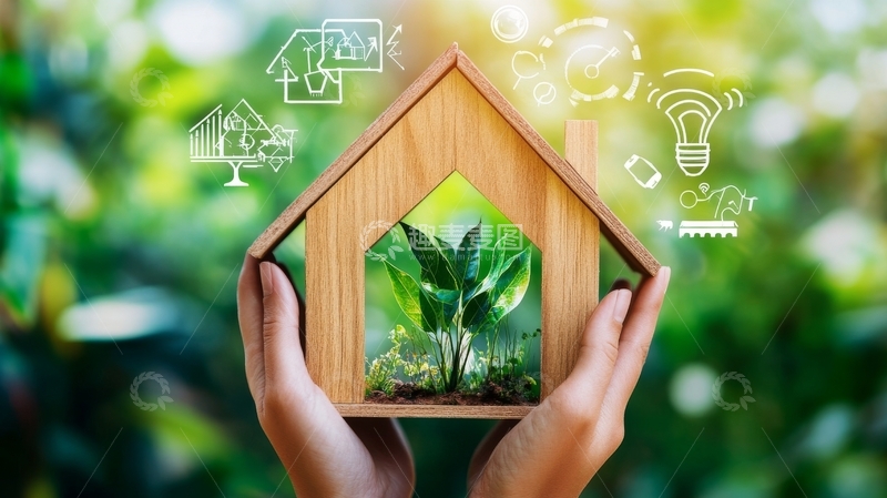 高清大图下载【趣麦麦图】双手托举生态小屋，绿色植物象征环保
