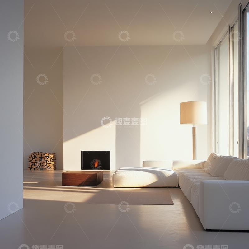 高清大图下载【趣麦麦图】现代简约客厅，壁炉与阳光