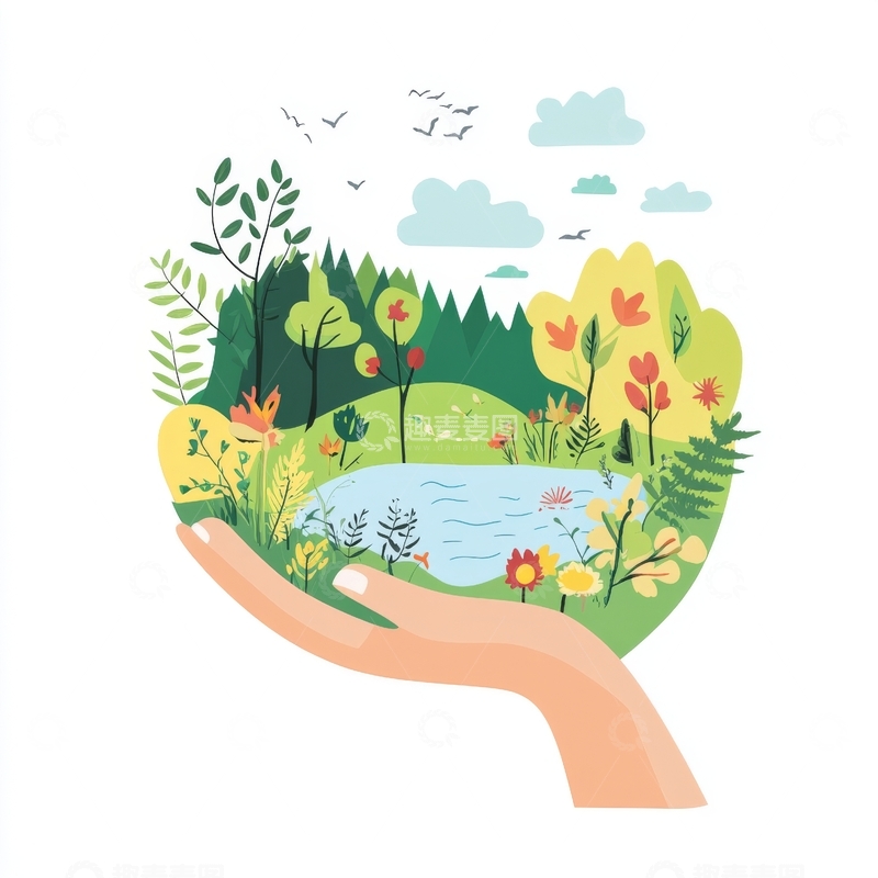 高清大图下载【趣麦麦图】手托自然景观插画