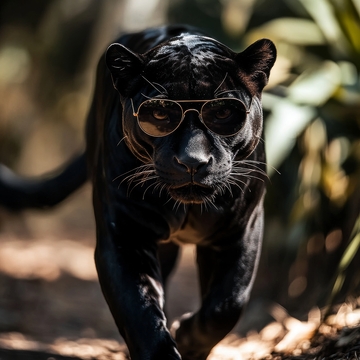 戴墨镜的黑豹在森林中行走