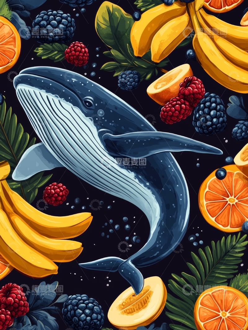 高清大图下载【趣麦麦图】鲸鱼与热带水果的奇幻组合