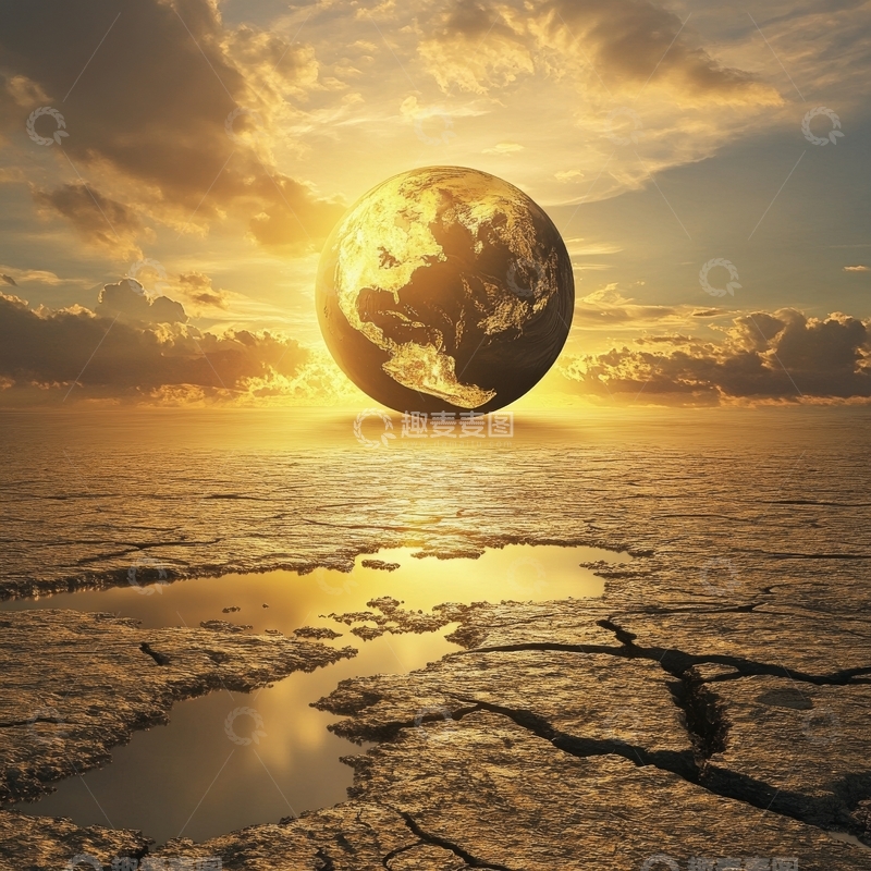 高清大图下载【趣麦麦图】地球悬于干裂大地之上，夕阳映照