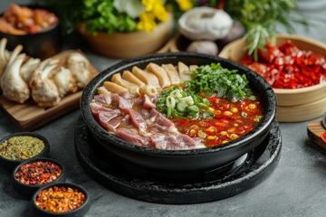 热辣石锅拌饭，配以丰富配菜