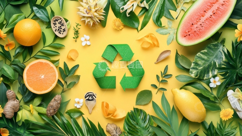 高清大图下载【趣麦麦图】绿色循环标志与水果植物环绕