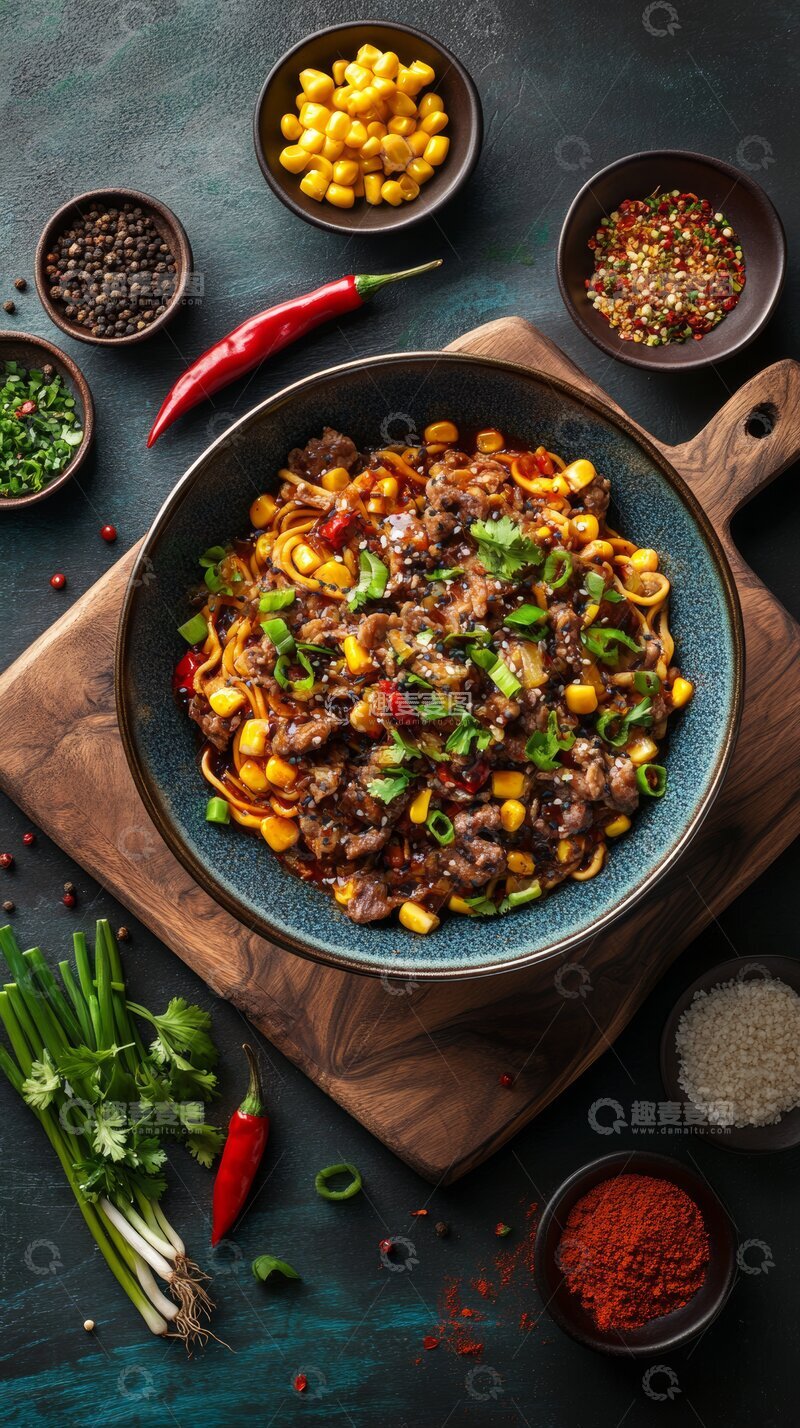 高清大图下载【趣麦麦图】香辣牛肉炒饭配玉米与蔬菜