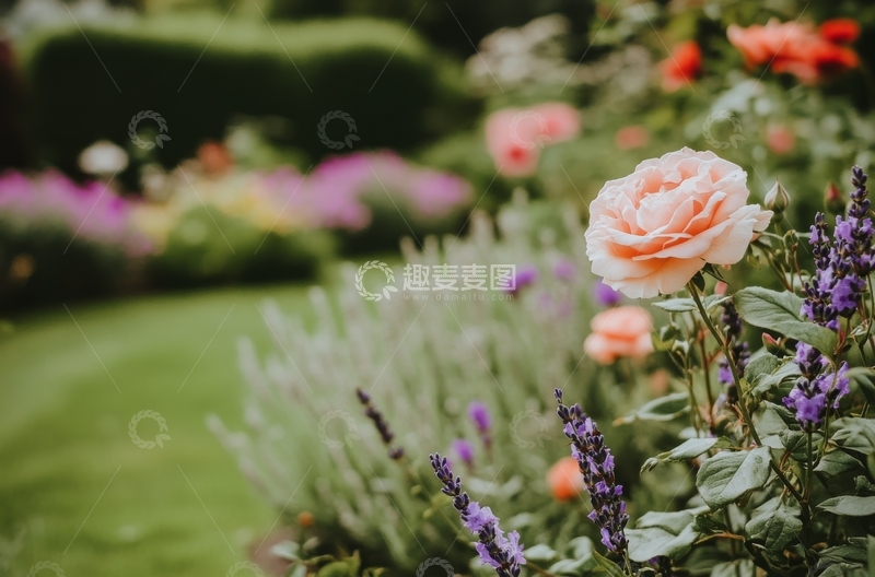 高清大图下载【趣麦麦图】-花园中的淡雅玫瑰与薰衣草