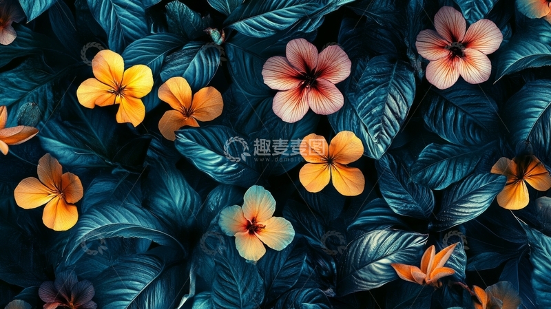 高清大图下载【趣麦麦图】热带花卉与深绿叶片的美丽图案