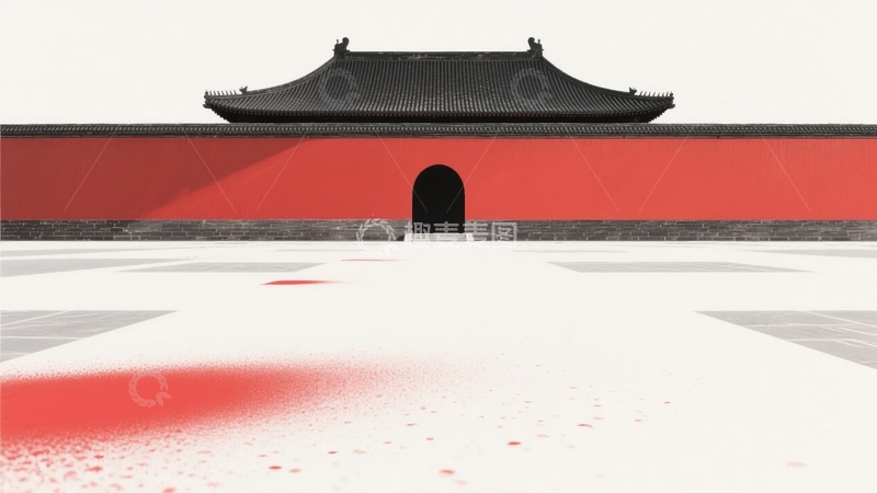 高清大图下载【趣麦麦图】红色围墙与黑色屋顶的传统建筑