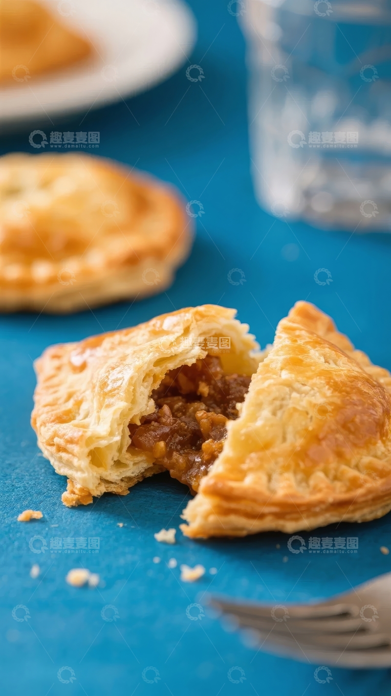 高清大图下载【趣麦麦图】酥皮肉馅饼，叉子旁的美味瞬间