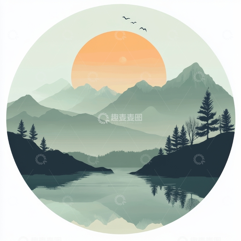 高清大图下载【趣麦麦图】日落山湖宁静风景