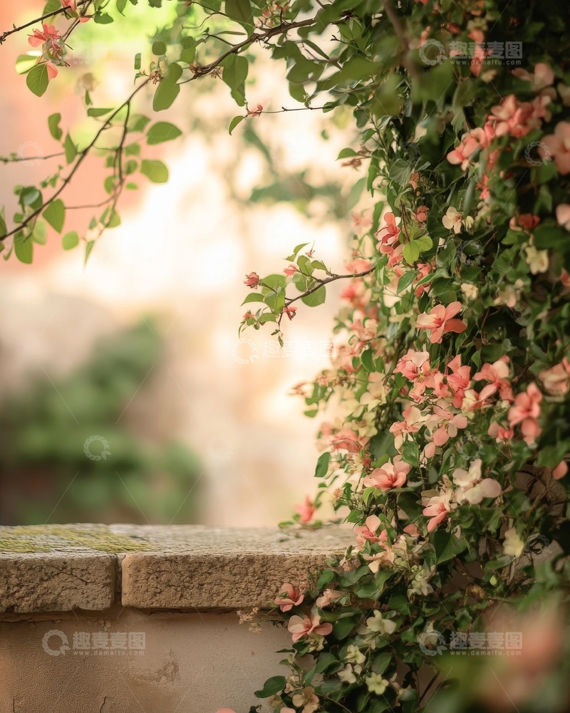 高清大图下载【趣麦麦图】墙边盛开的粉色花朵