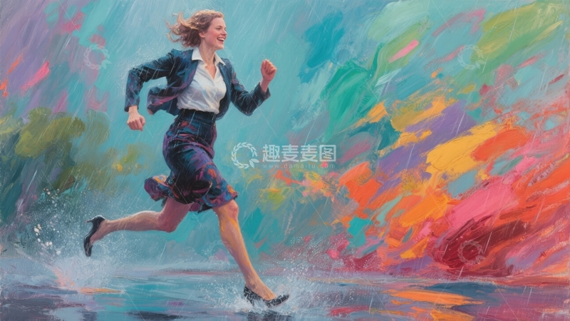 高清大图下载【趣麦麦图】雨中奔跑的女性