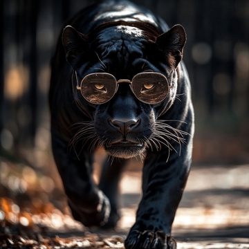 戴墨镜的黑豹在林间漫步
