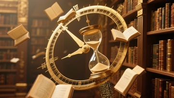 图书馆中的时间沙漏与钟表