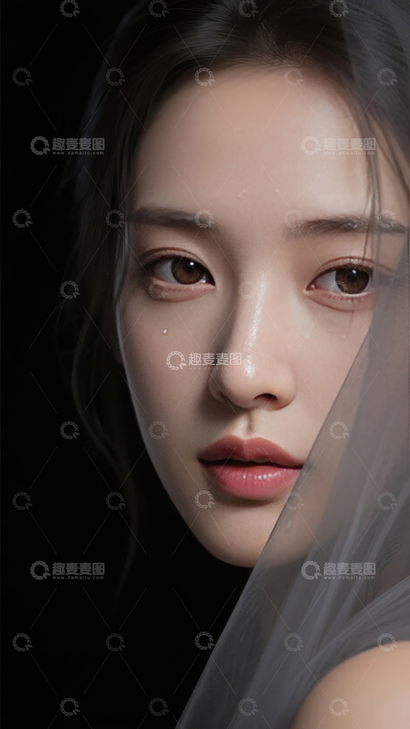 高清大图下载【趣麦麦图】黑背景下轻纱遮面的女性肖像