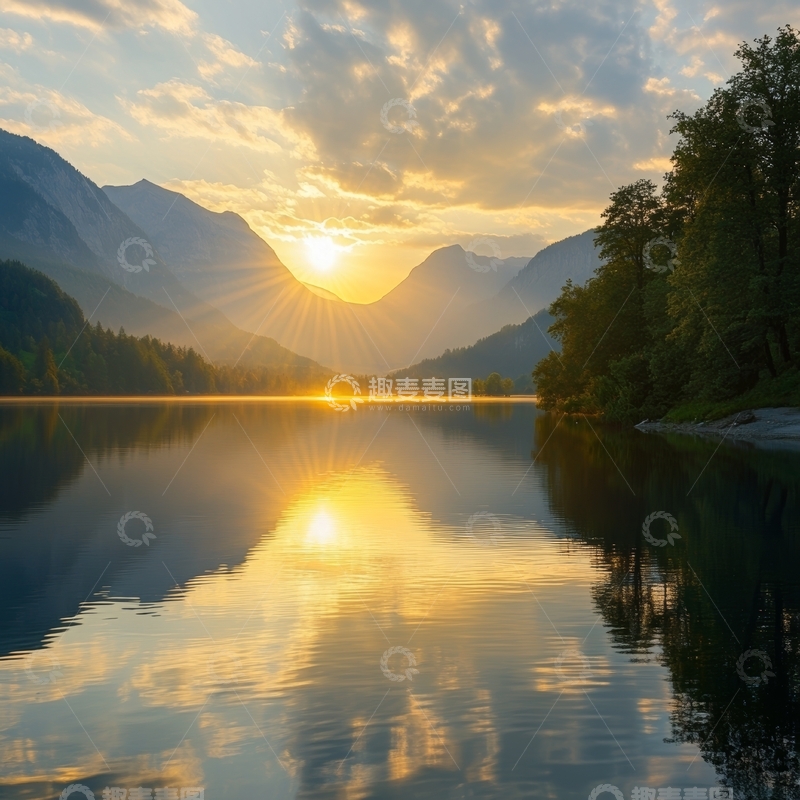 高清大图下载【趣麦麦图】湖畔日出，山峦倒影