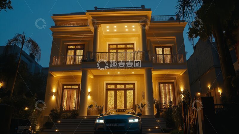 高清大图下载【趣麦麦图】夜晚灯火通明的豪华别墅