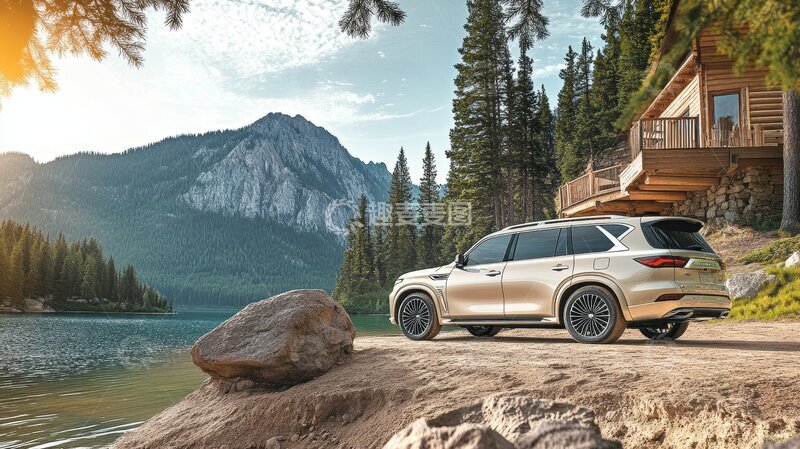 高清大图下载【趣麦麦图】豪华SUV停泊湖畔，背景山林木屋