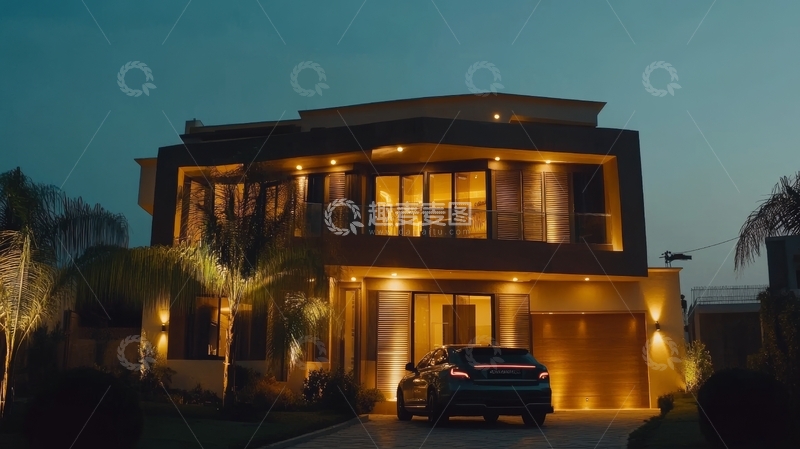 高清大图下载【趣麦麦图】夜晚灯火通明的现代住宅