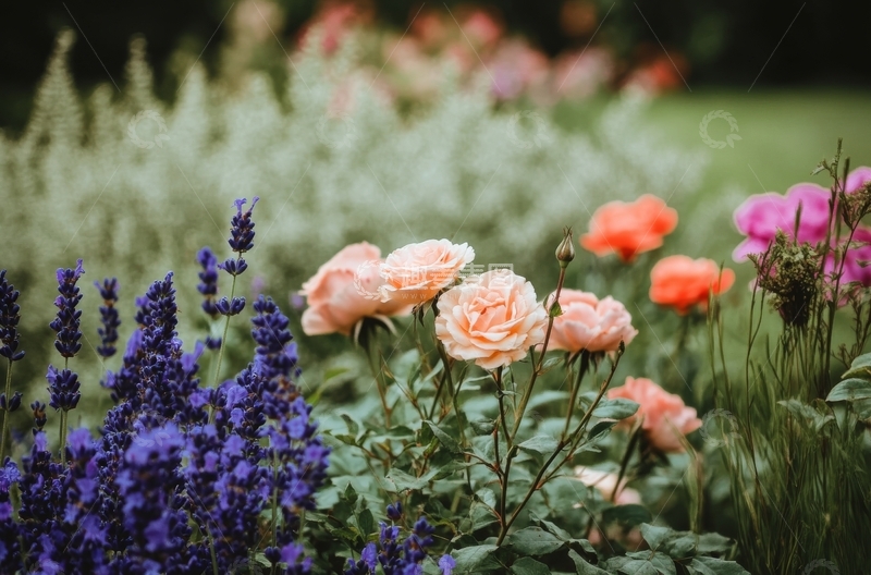高清大图下载【趣麦麦图】-花园中的玫瑰与薰衣草