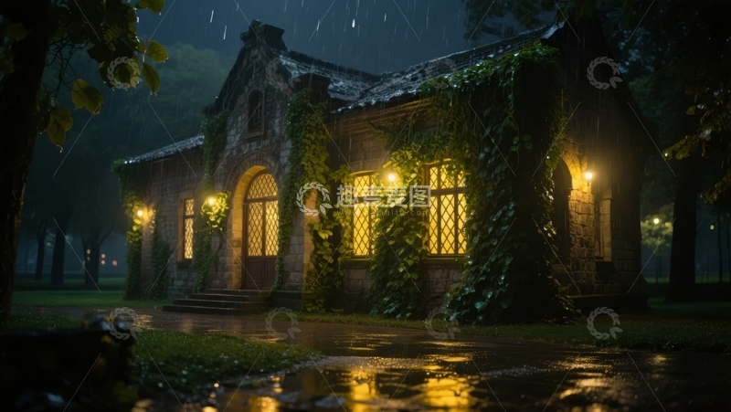 高清大图下载【趣麦麦图】雨夜中的古建筑