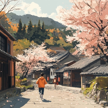 古街春景，行人漫步