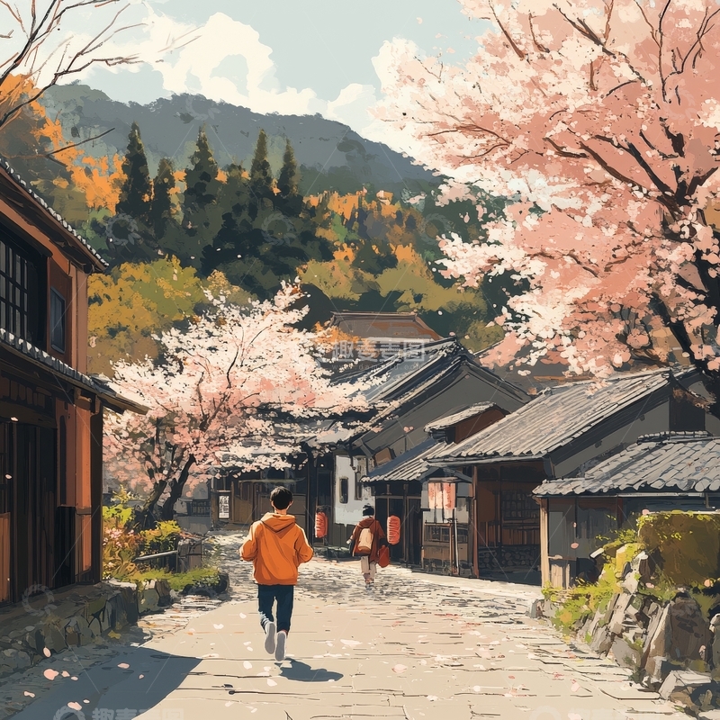 高清大图下载【趣麦麦图】古街春景，行人漫步