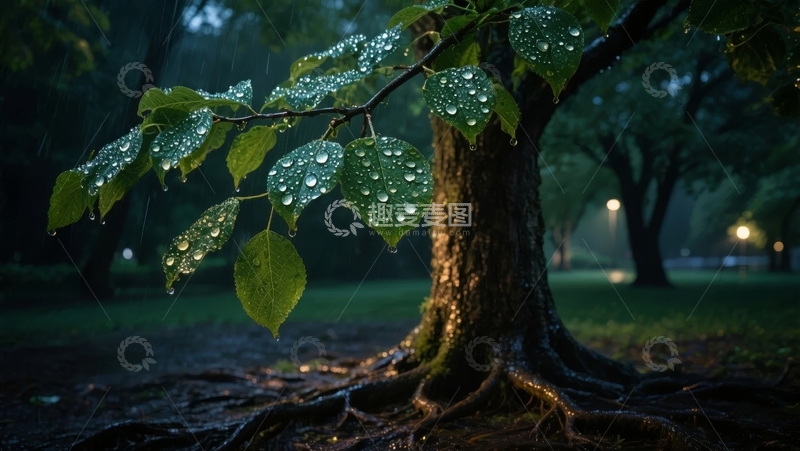高清大图下载【趣麦麦图】雨后树根与绿叶的静谧景象
