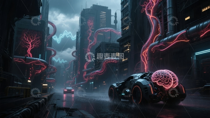 高清大图下载【趣麦麦图】未来都市夜景与智能车辆