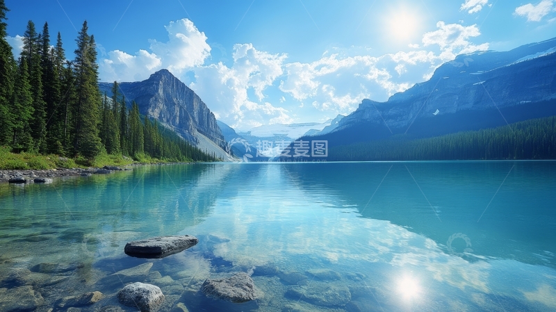 高清大图下载【趣麦麦图】宁静湖畔，青山绿水映蓝天