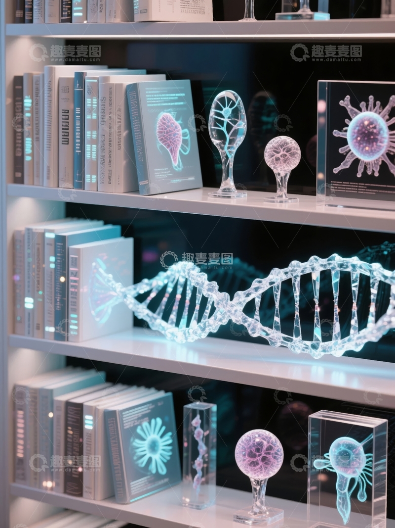 高清大图下载【趣麦麦图】书架上的DNA模型与生物结构展示
