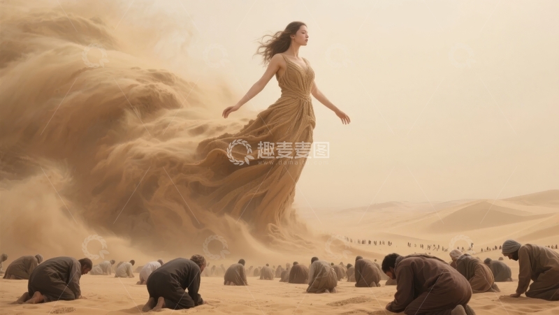 高清大图下载【趣麦麦图】沙漠中悬浮的女子与跪拜的人群