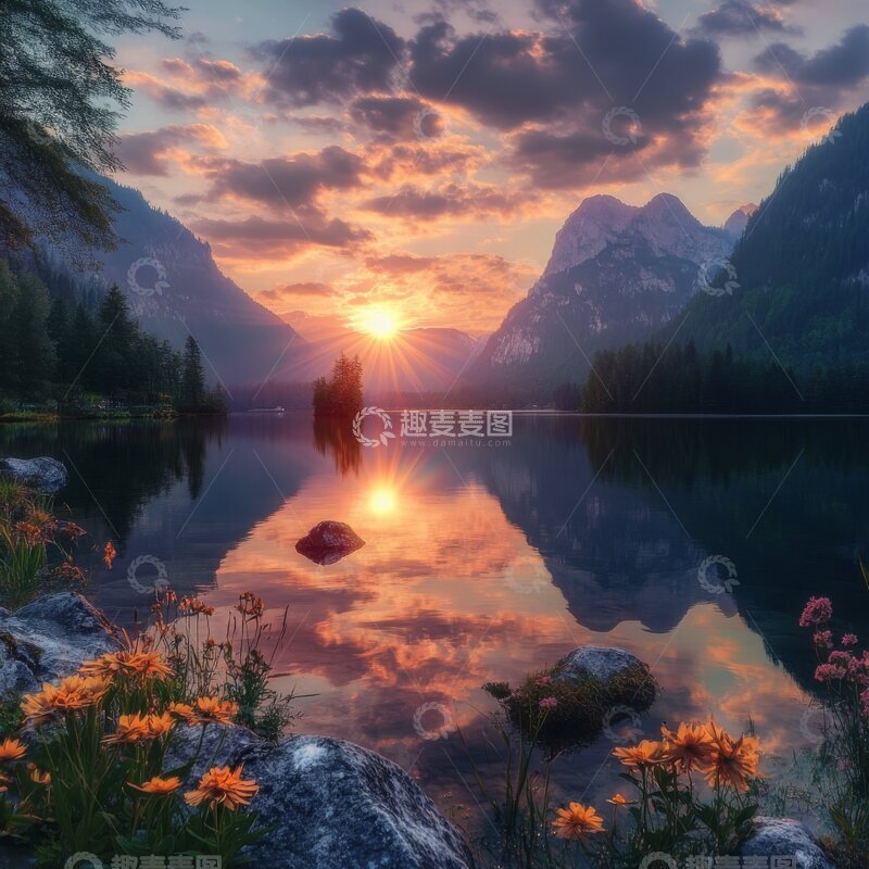 高清大图下载【趣麦麦图】湖畔日落，山影倒映