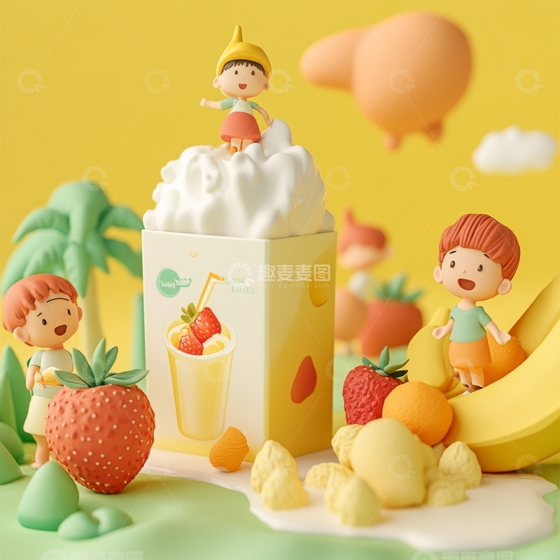 高清大图下载【趣麦麦图】卡通人物与水果奶昔的梦幻场景
