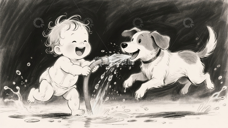 高清大图下载【趣麦麦图】童趣嬉水：宝宝与小狗的欢乐时光