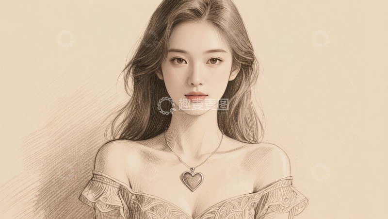 高清大图下载【趣麦麦图】优雅女性肖像，佩戴心形吊坠