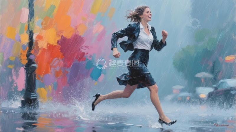 高清大图下载【趣麦麦图】雨中奔跑的女性