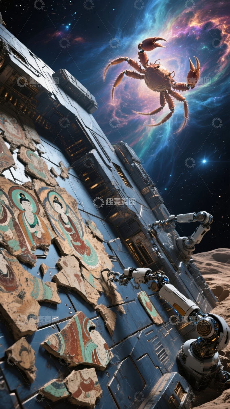 高清大图下载【趣麦麦图】太空飞船与神秘星云中的巨蟹