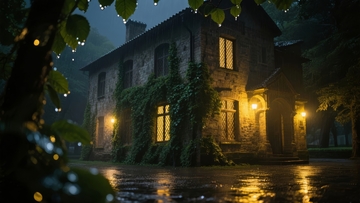 雨夜中的古老石屋