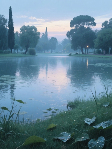 清晨湖畔，雾气缭绕