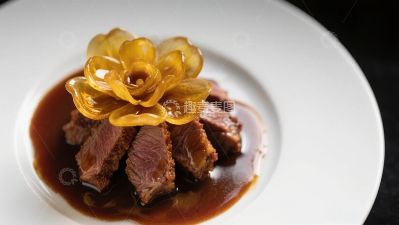 高清大图下载【趣麦麦图】精致菜肴：酱汁牛肉配洋葱花装饰
