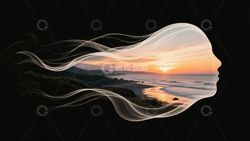 高清大图下载【趣麦麦图】流动轮廓与日落海景的融合